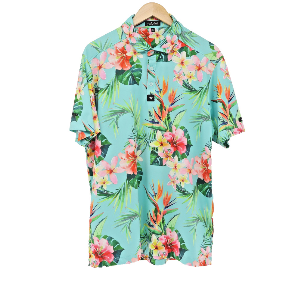 Bad Birdi XL Tropical Polo Shirt Performance Golf Floral Blue Green